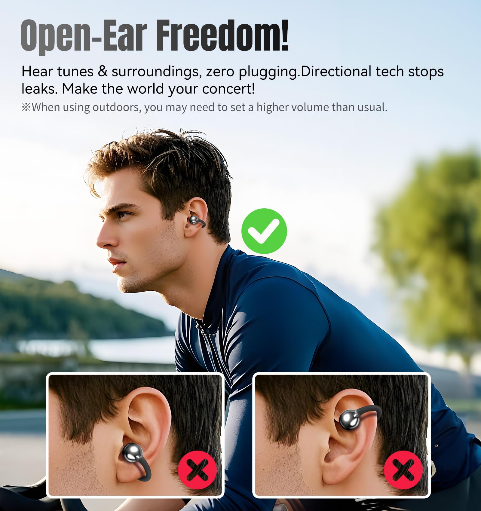 King Lucky earbuds used on a commuter platform, showing safe open-ear awareness