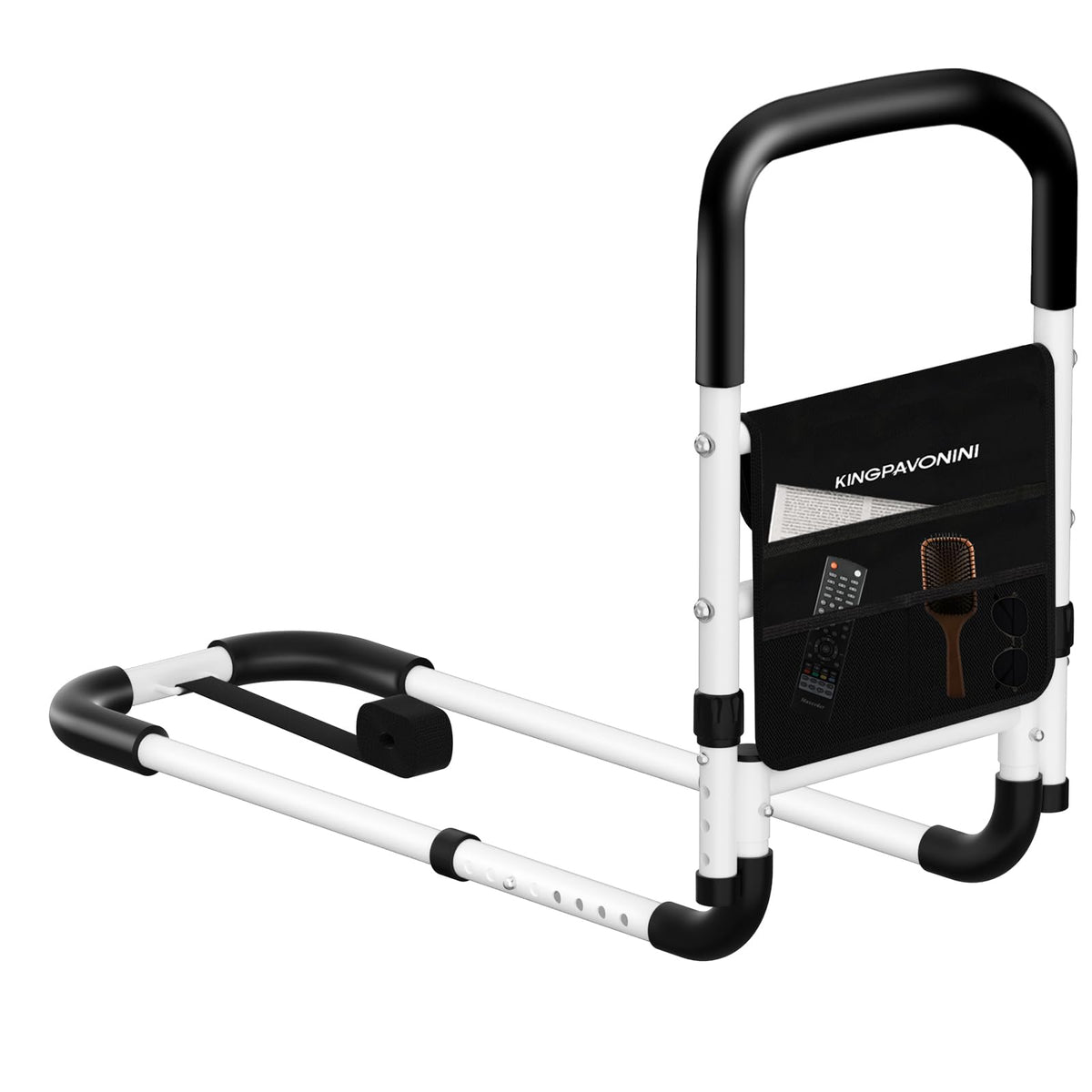 KingPavonini front view of bed rail showing sturdy frame and handle for stable transfers