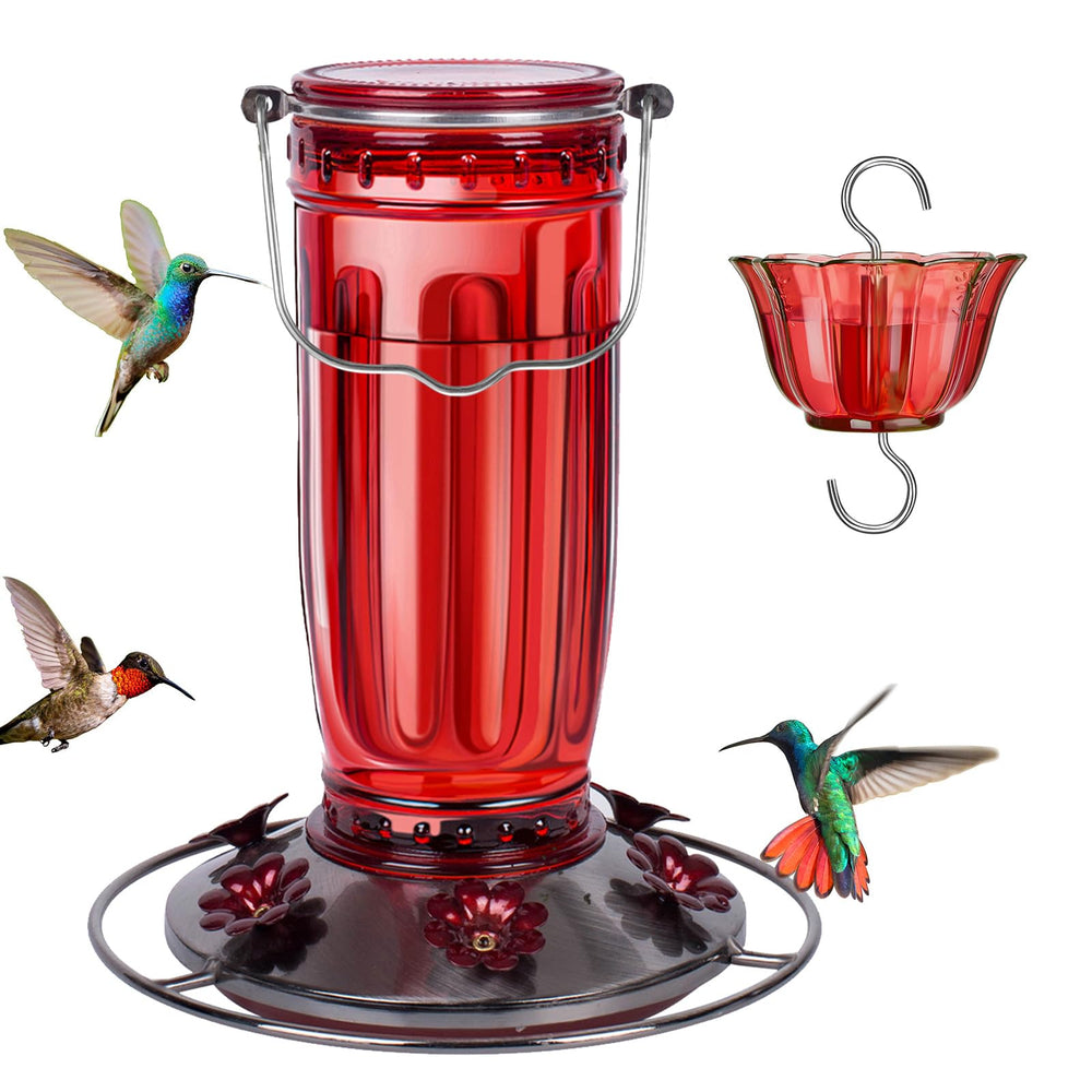 Kingsyard glass feeder front view showing red base and six ports benefit attractive garden focal point