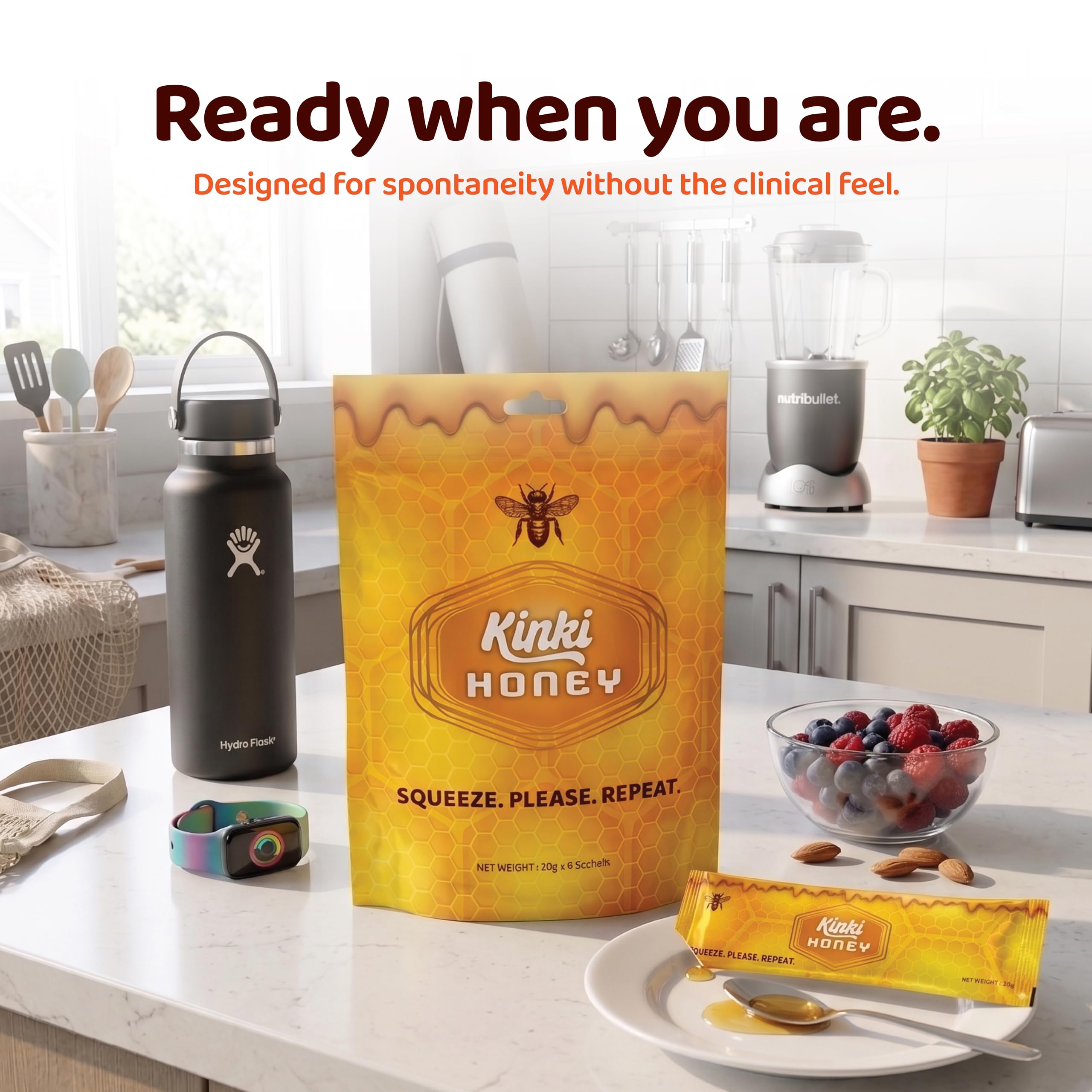 Kinki honey pack on a table with couple sharing for enhanced connection