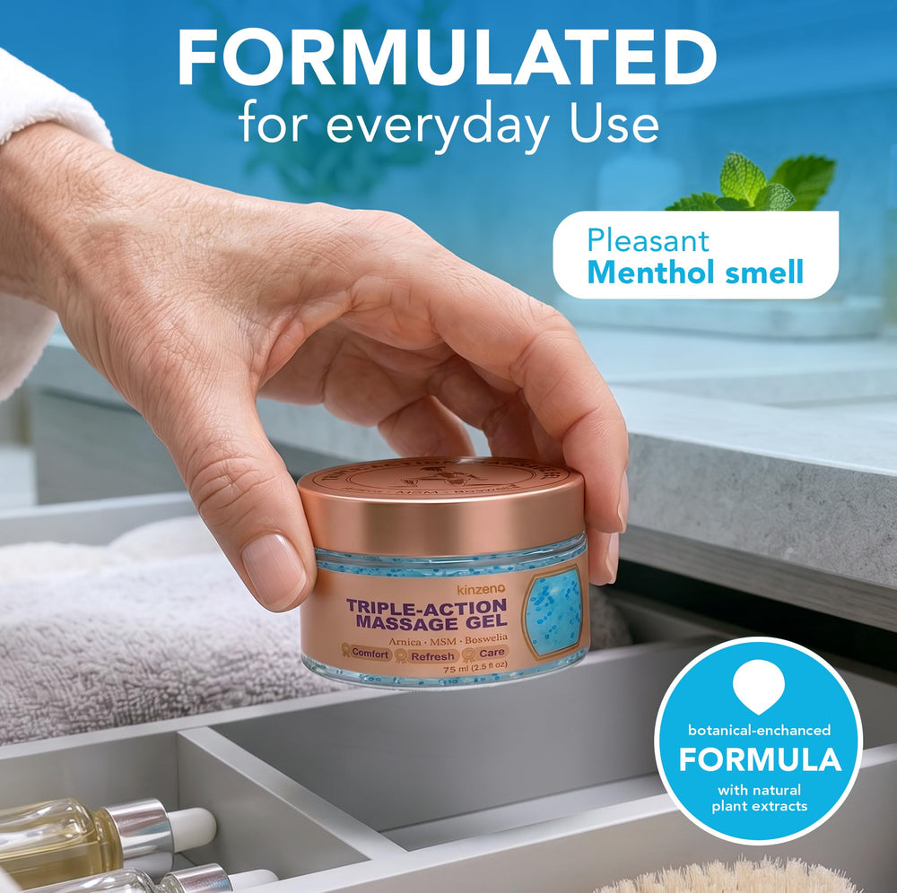 KINZENO size scale next to phone showing 2.5 fl oz compact travel size