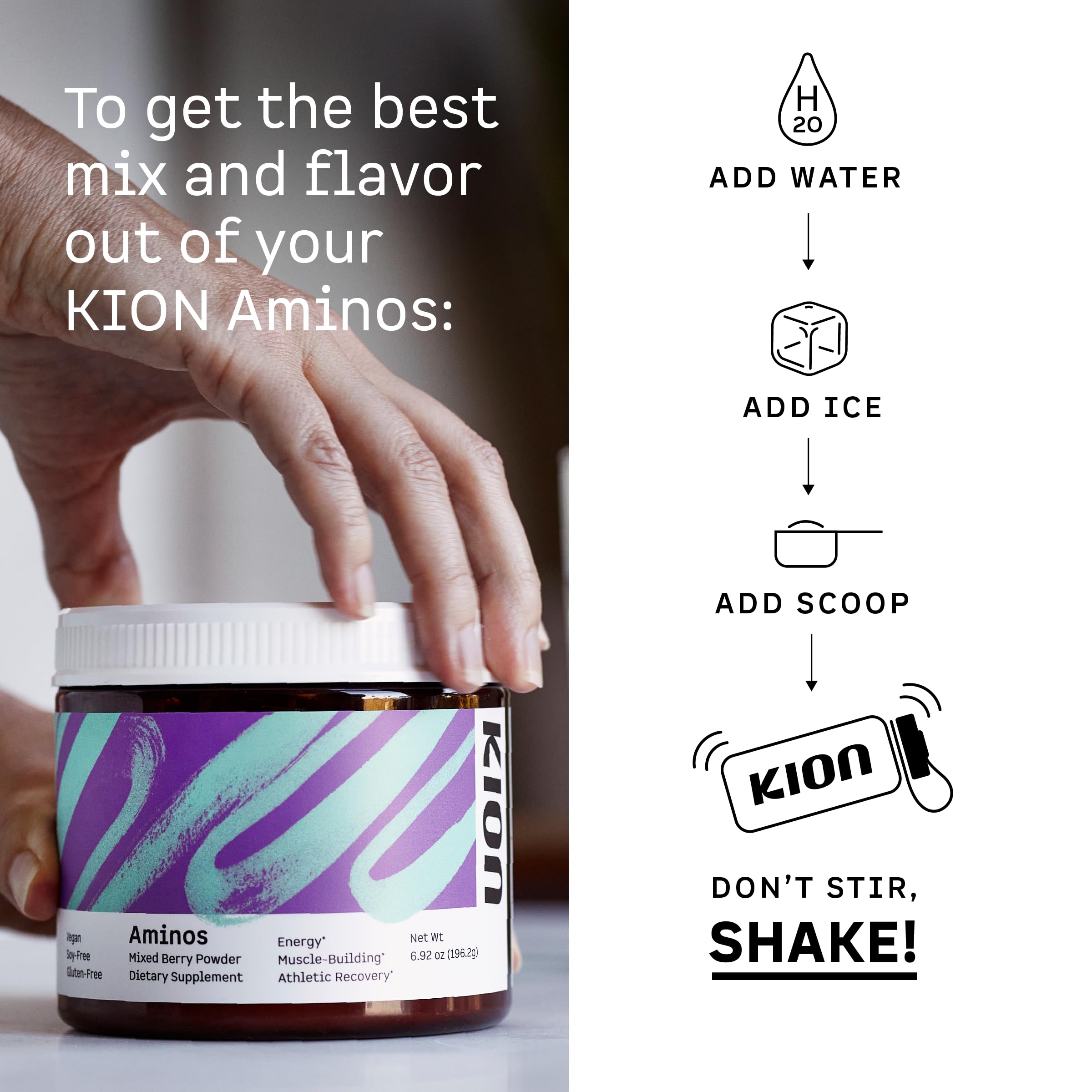 Kion scoop next to a water bottle for scale showing serving size convenience benefit
