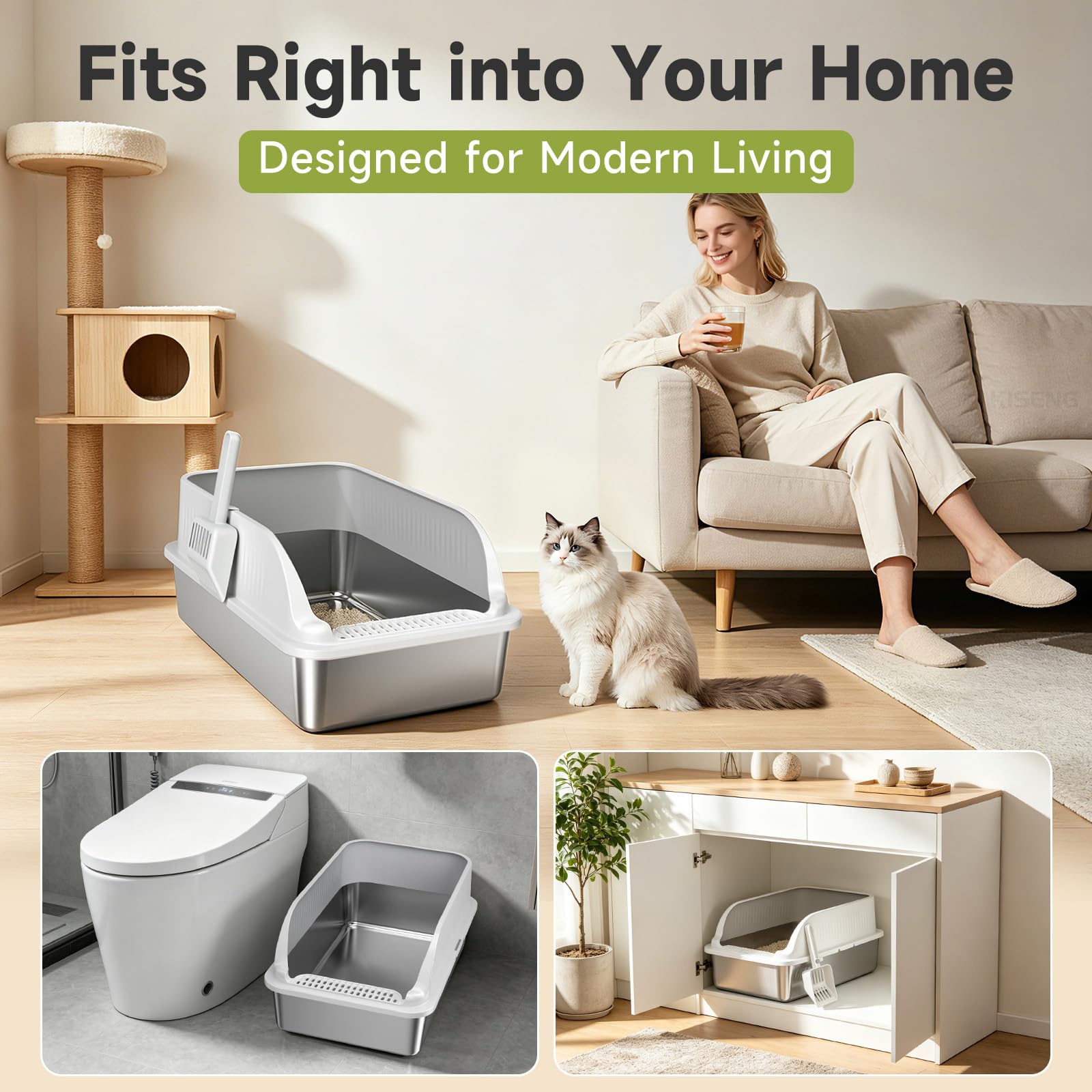 KISENG litter box next to household items to demonstrate XL size and scale