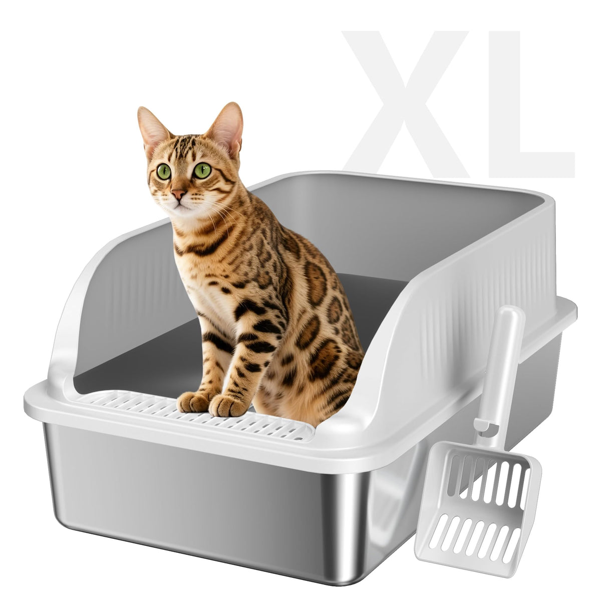 KISENG stainless steel litter box front view showing durable construction and tidy look