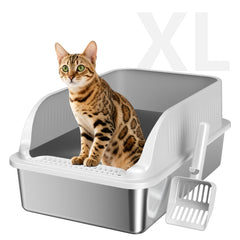 KISENG stainless steel litter box front view showing durable construction and tidy look