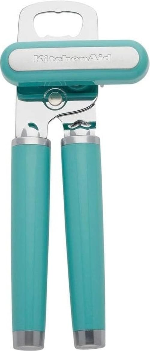 KitchenAid can opener front view showing Aqua Sky finish and reliable function
