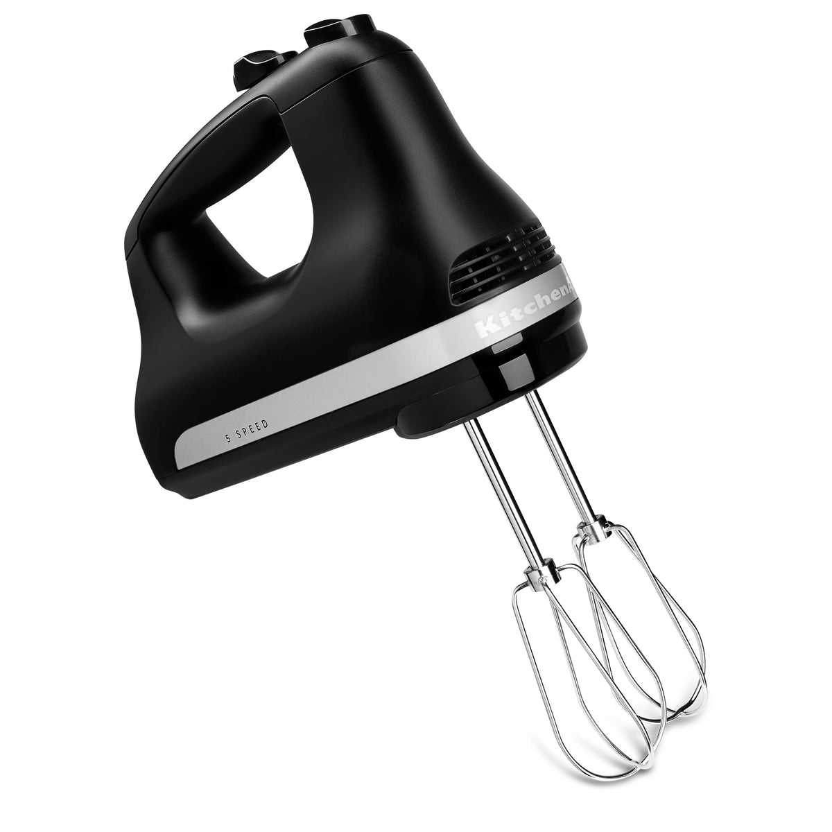 KitchenAid hand mixer front view showing compact design and quick control benefits