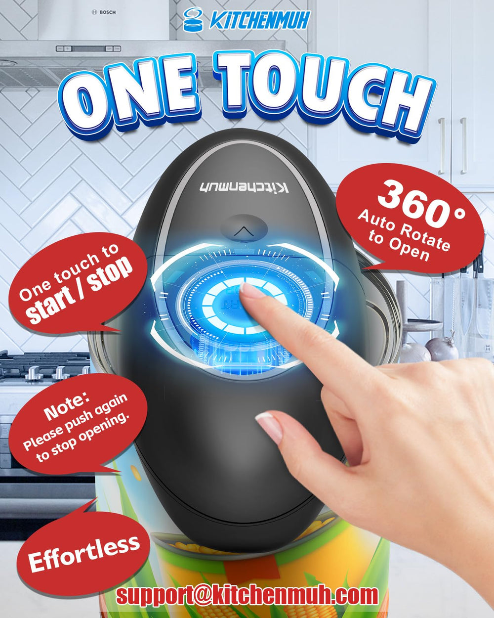 KITCHENMUH in use on a canned food demonstrating one-touch operation for reduced effort benefit