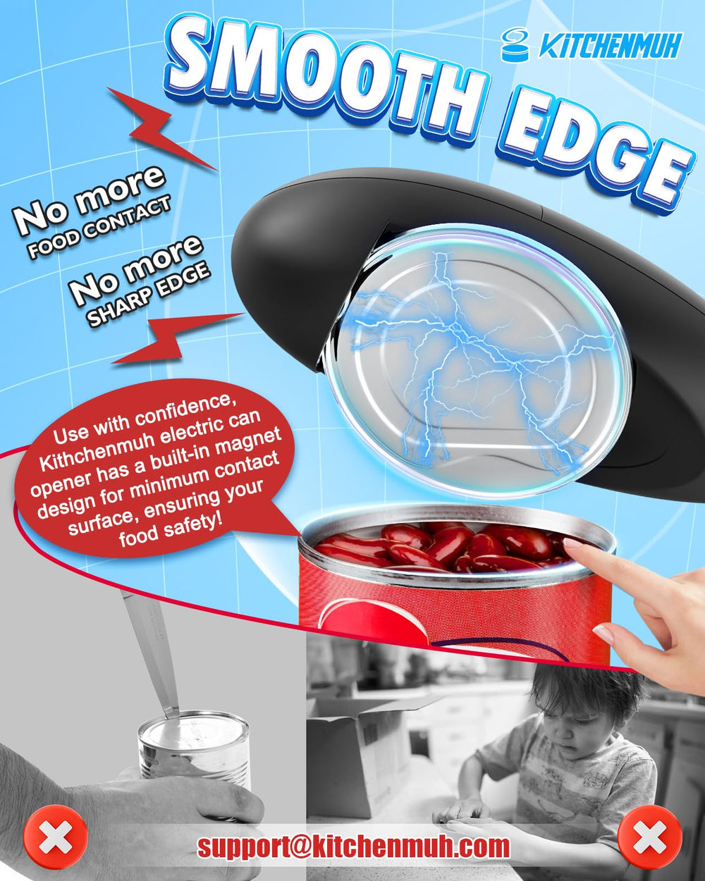 KITCHENMUH beside a standard can to illustrate scale and portable kitchen convenience benefit