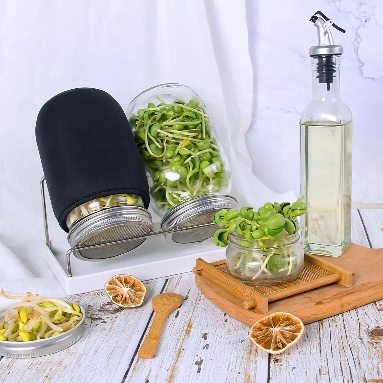 Kitmiido blackout sleeve on jar showing light control for longer, sweeter sprouts