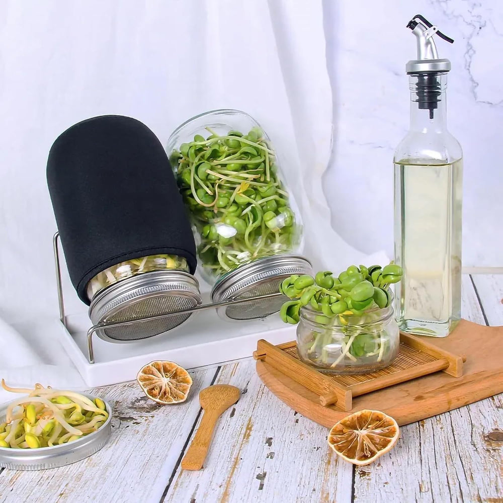 Kitmiido blackout sleeve on jar showing light control for longer, sweeter sprouts