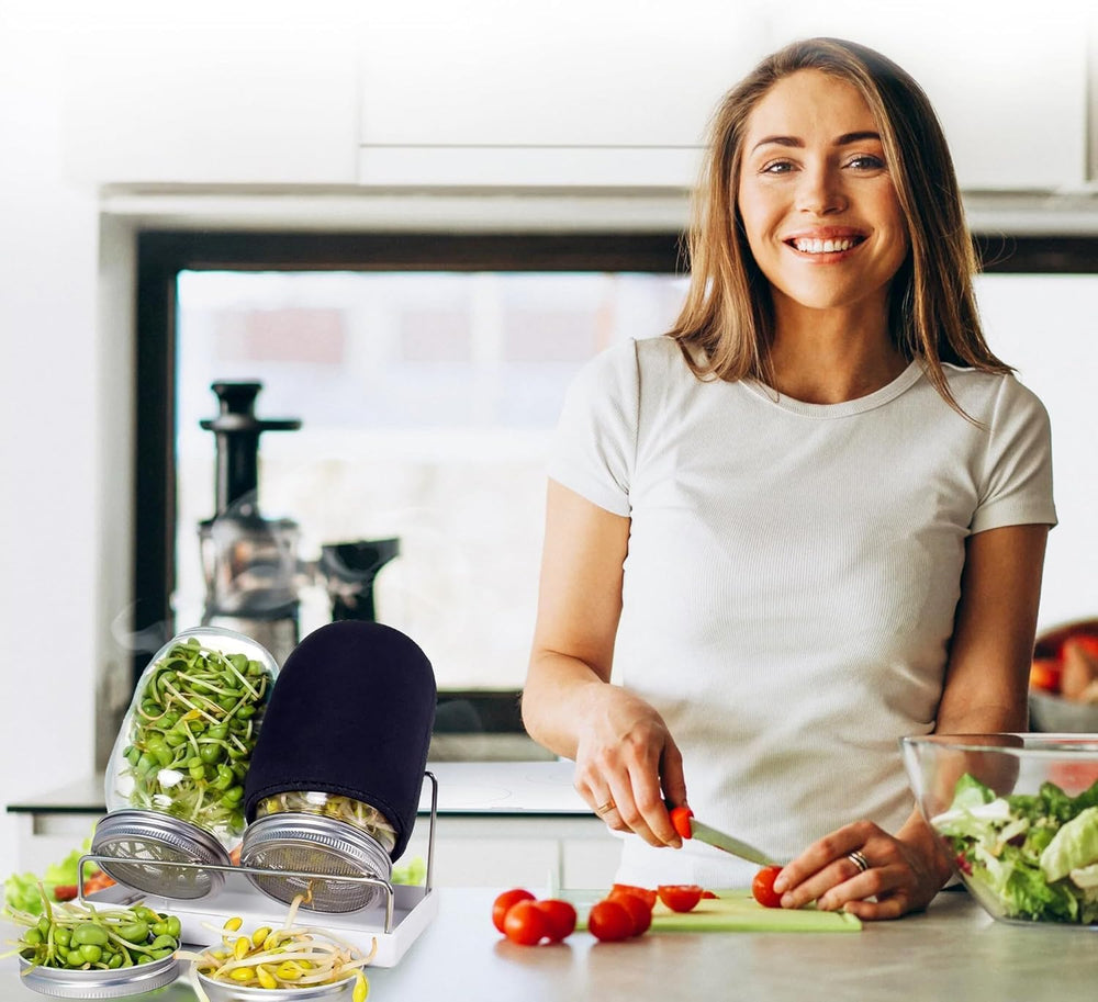 Kitmiido jar filled with fresh sprouts in a kitchen setting promoting home-grown flavor