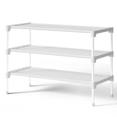 Kitsure front view of 3-tier shoe rack showing neat shoe organization and space saving