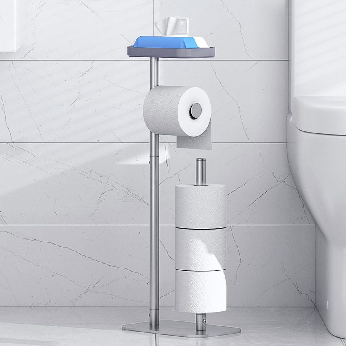 Kitsure front view silver toilet paper holder showing compact design and neat storage