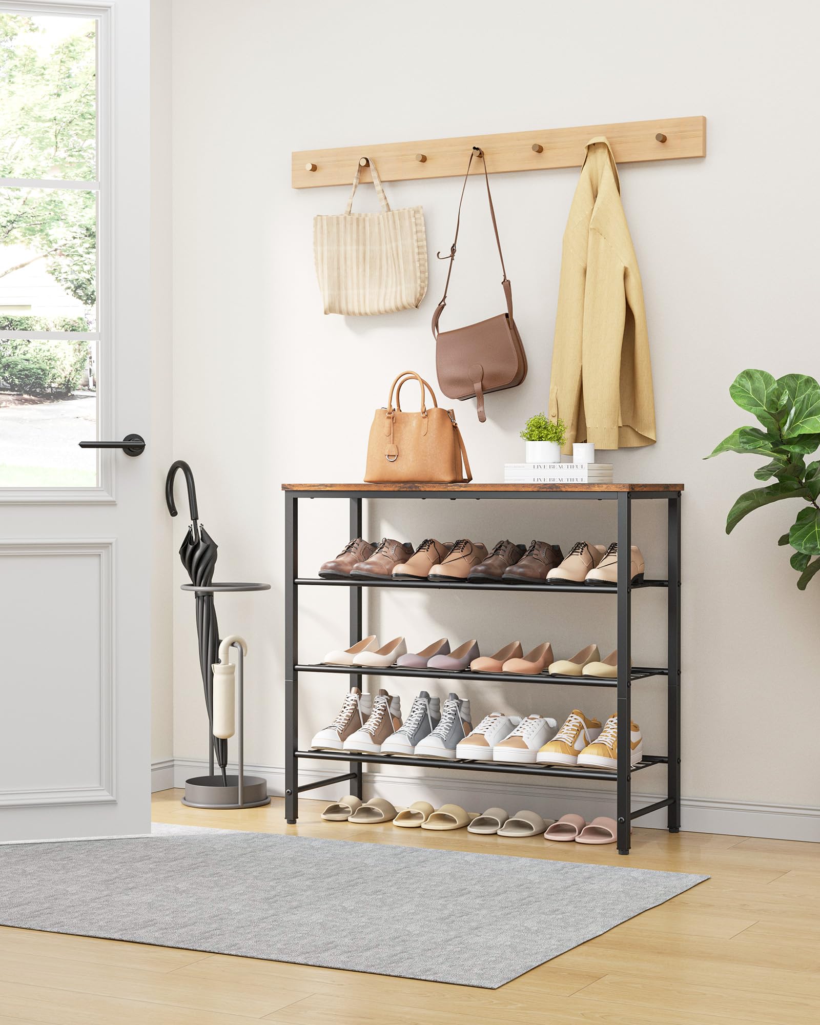 Kitsure shoe rack top shelf detail holding a bag and decor for extra storage