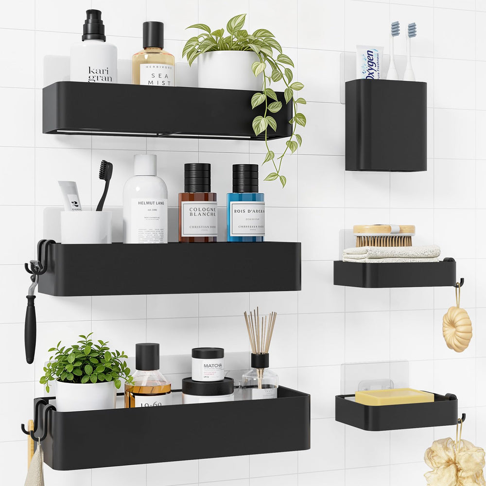Kitsure six-piece set front view showing organized bathroom storage benefit