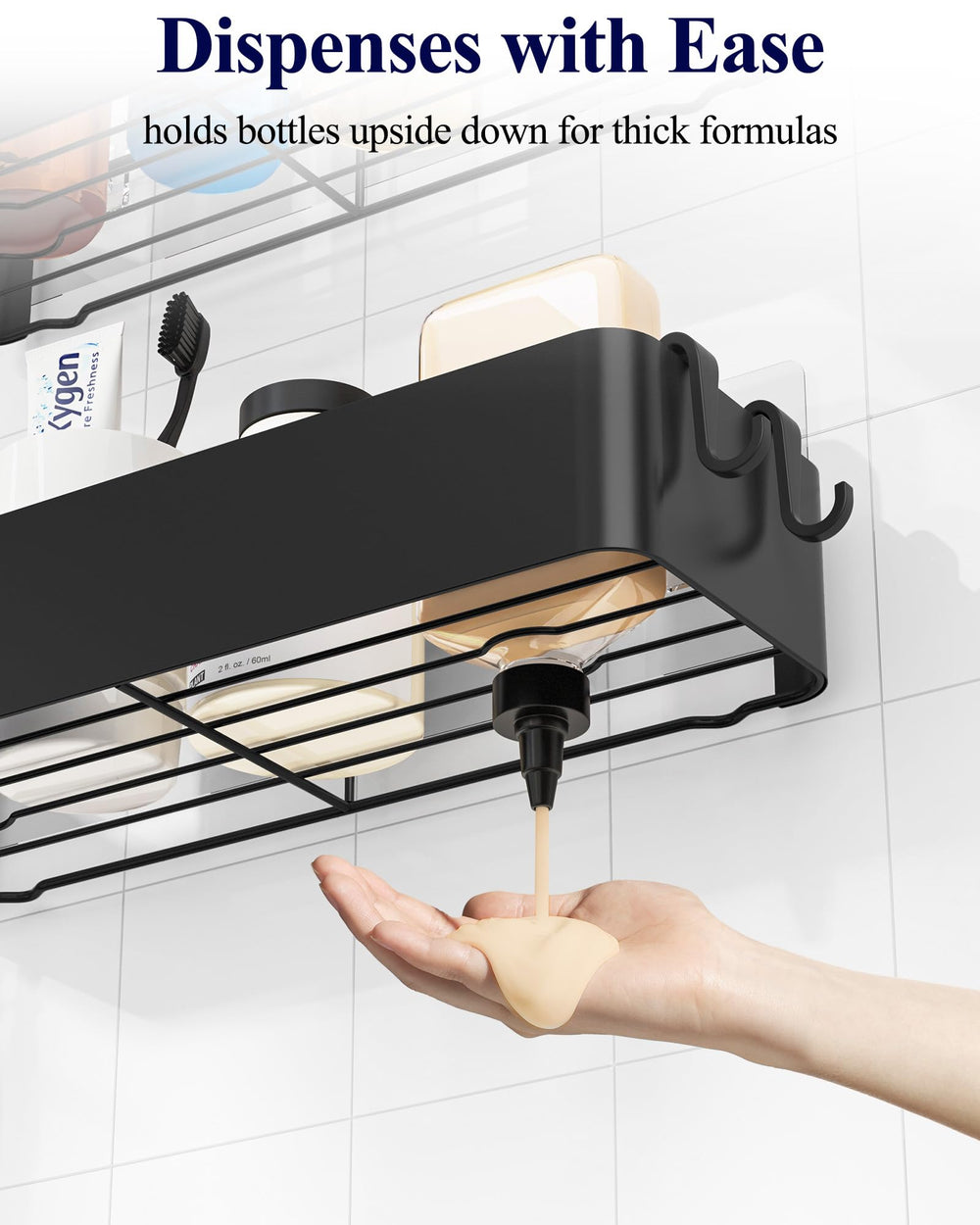 Kitsure shelf next to shampoo bottles showing scale and capacity benefit
