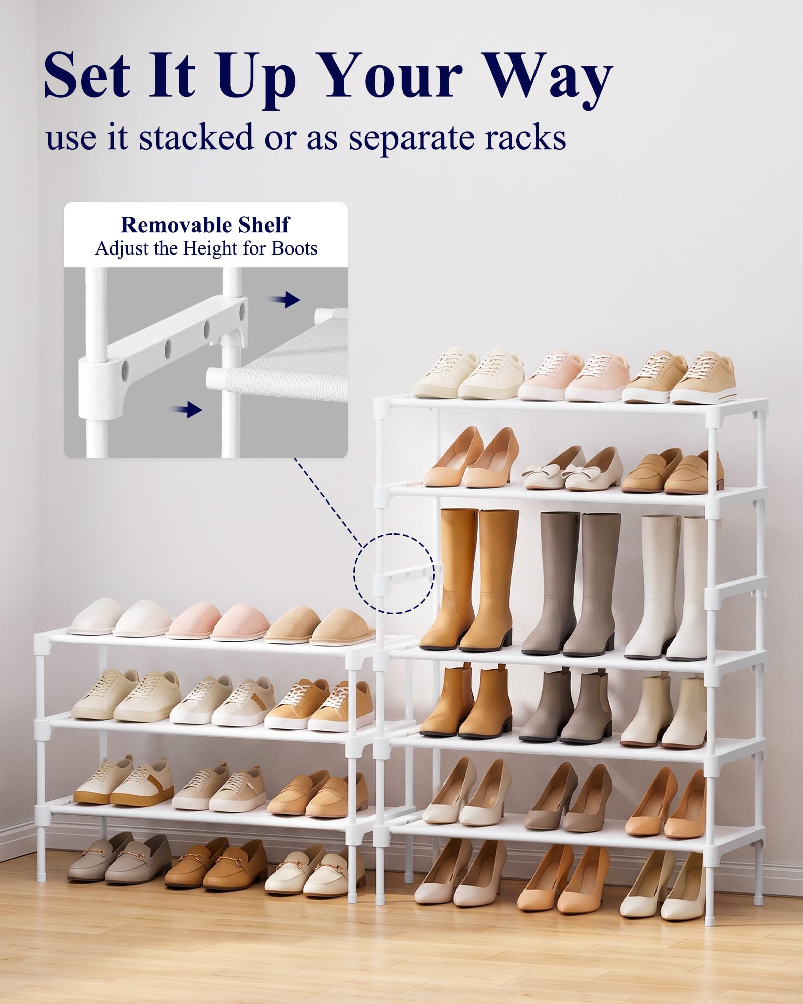 Kitsure shoe rack next to a sneaker to show width and usable shelf depth