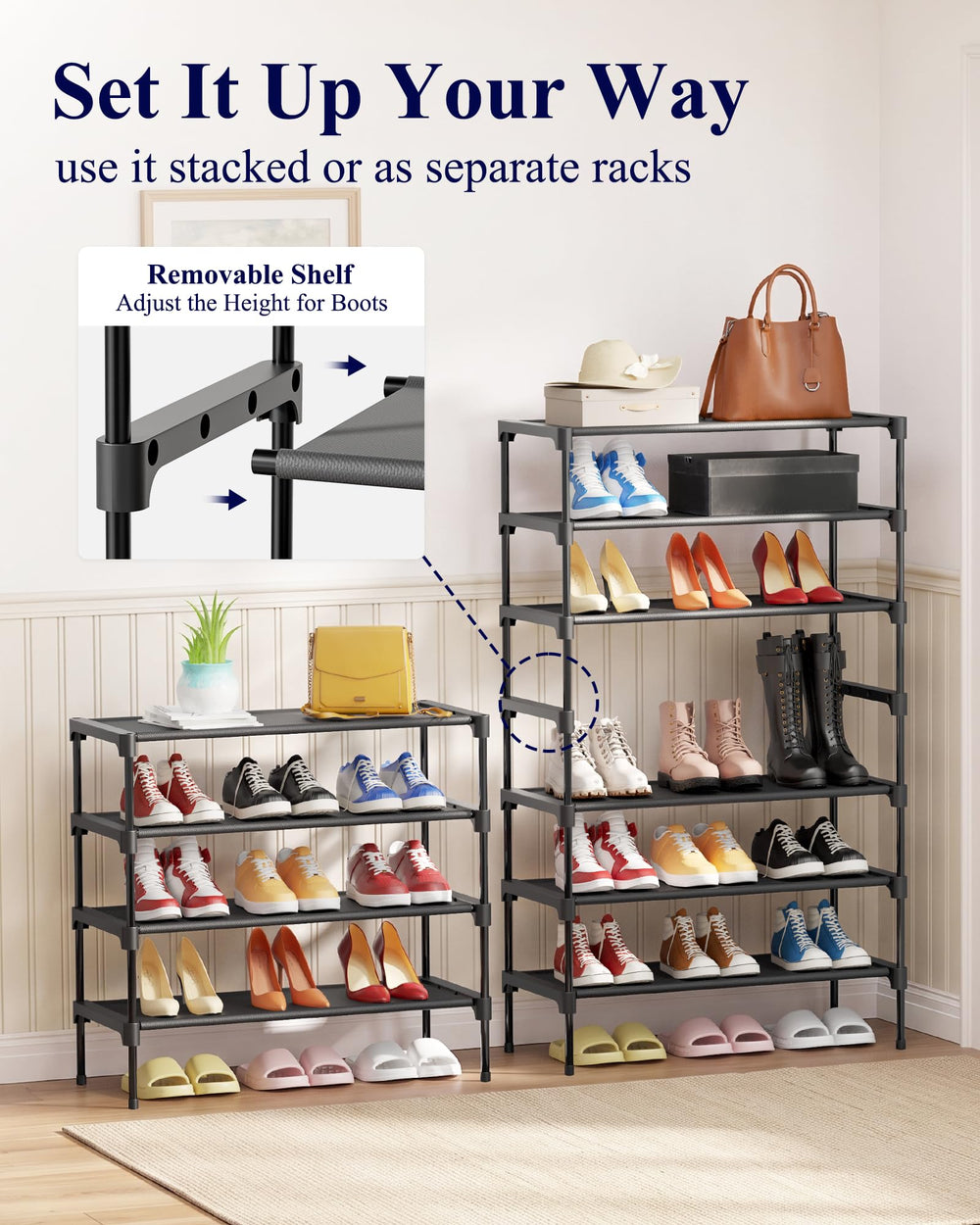 Kitsure rack with shoes for scale illustrating roomy fit for adult footwear