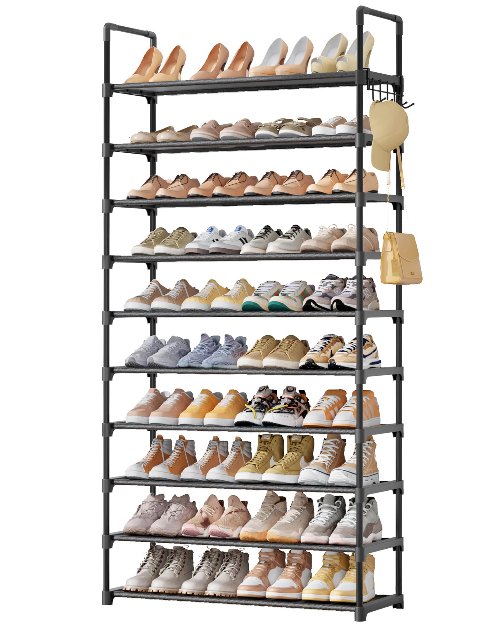 Kitsure front view of 10-tier shoe rack showing organized shoes and space saved