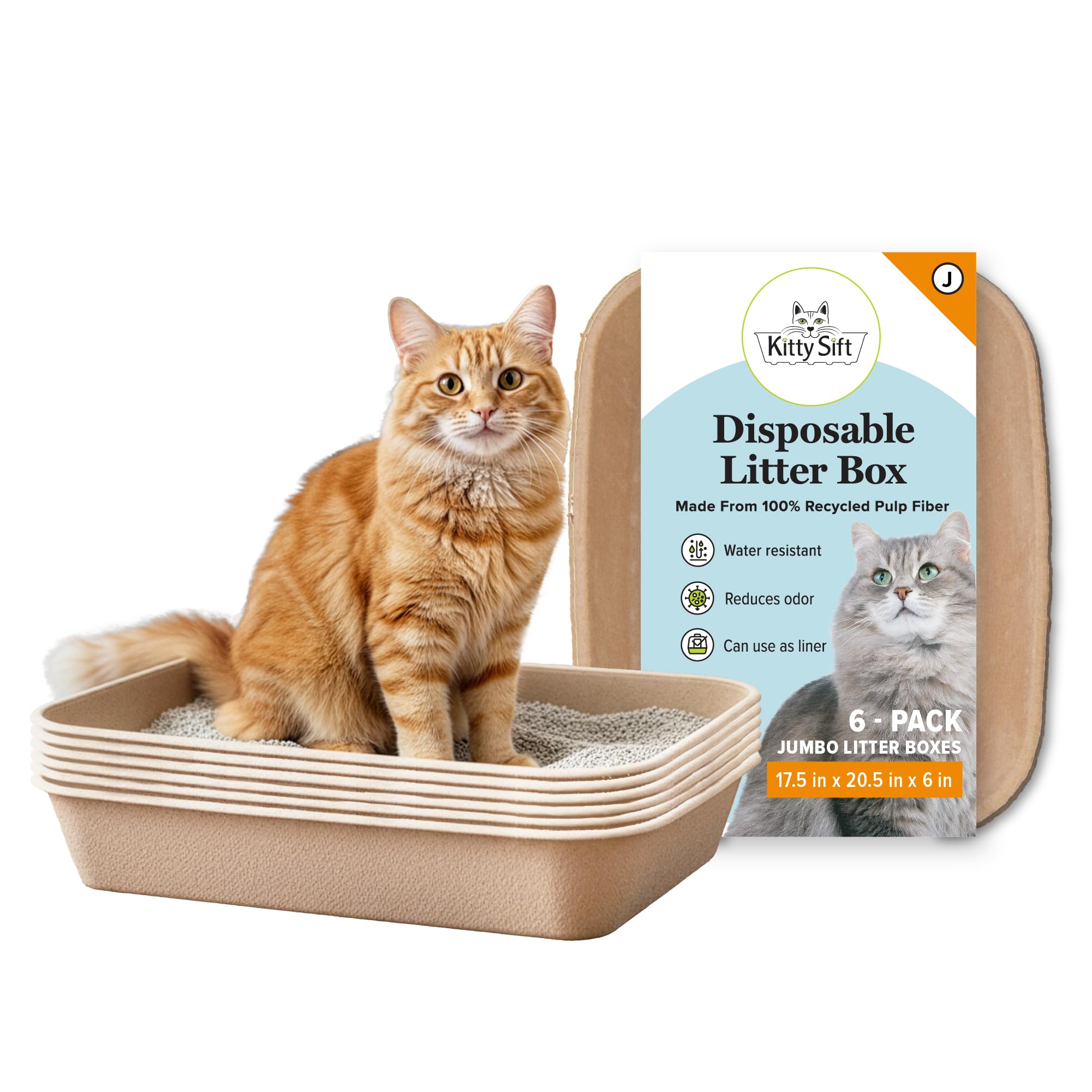 Kitty Sift front packaging showing six disposable litter boxes and convenience