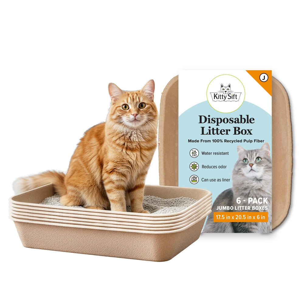 Kitty Sift front packaging showing six disposable litter boxes and convenience
