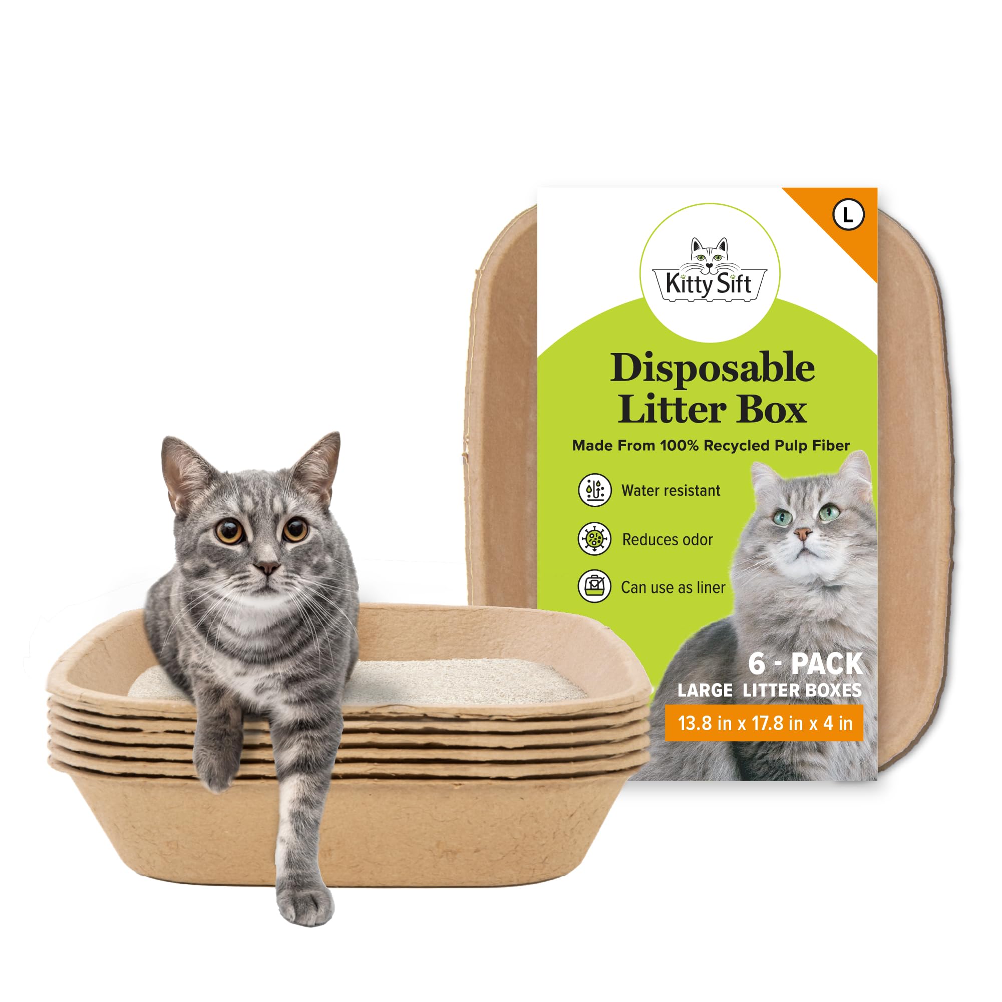 Kitty Sift front pack view showing six disposable litter boxes and ease