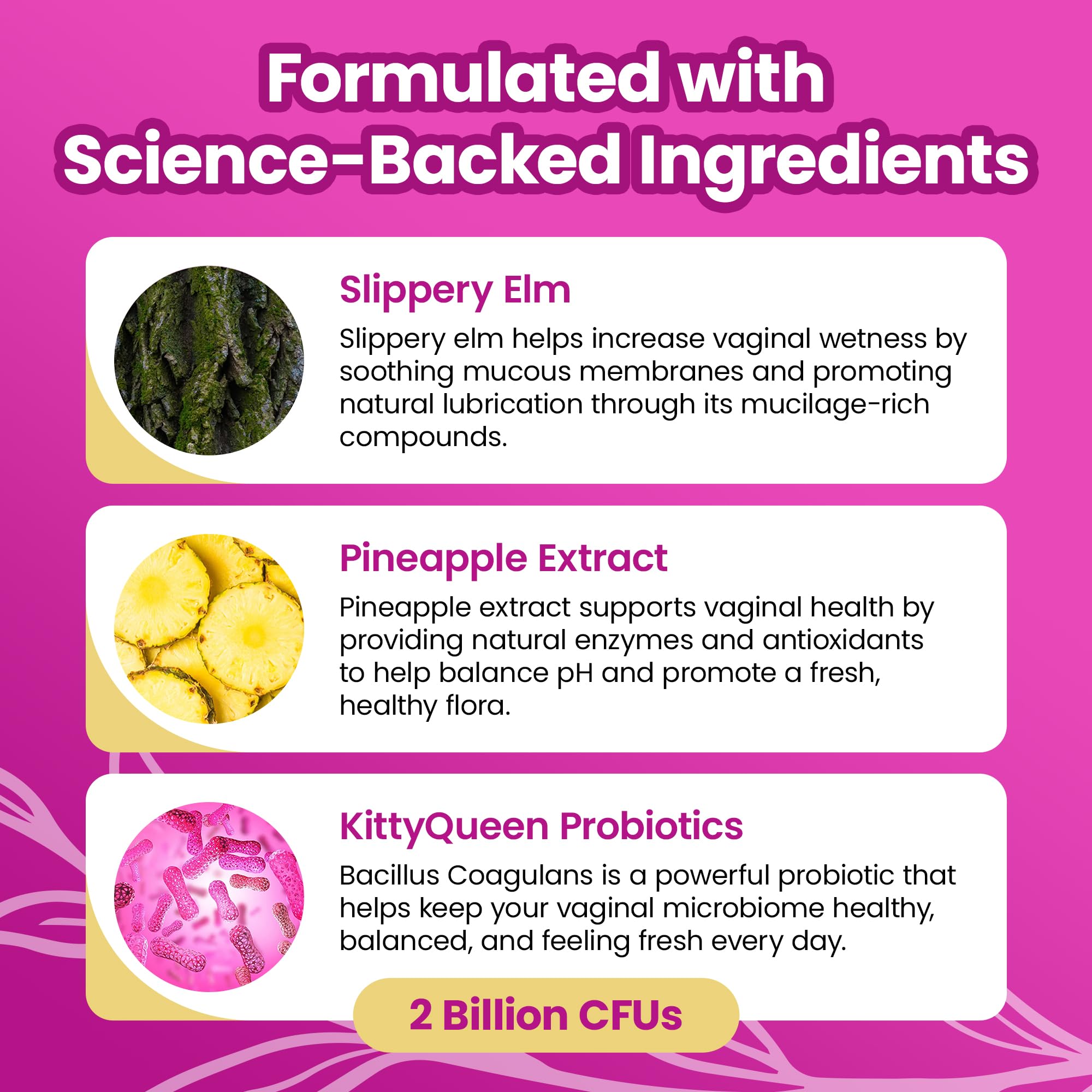 KITTYQUEEN ingredient label close-up showing probiotic and elm