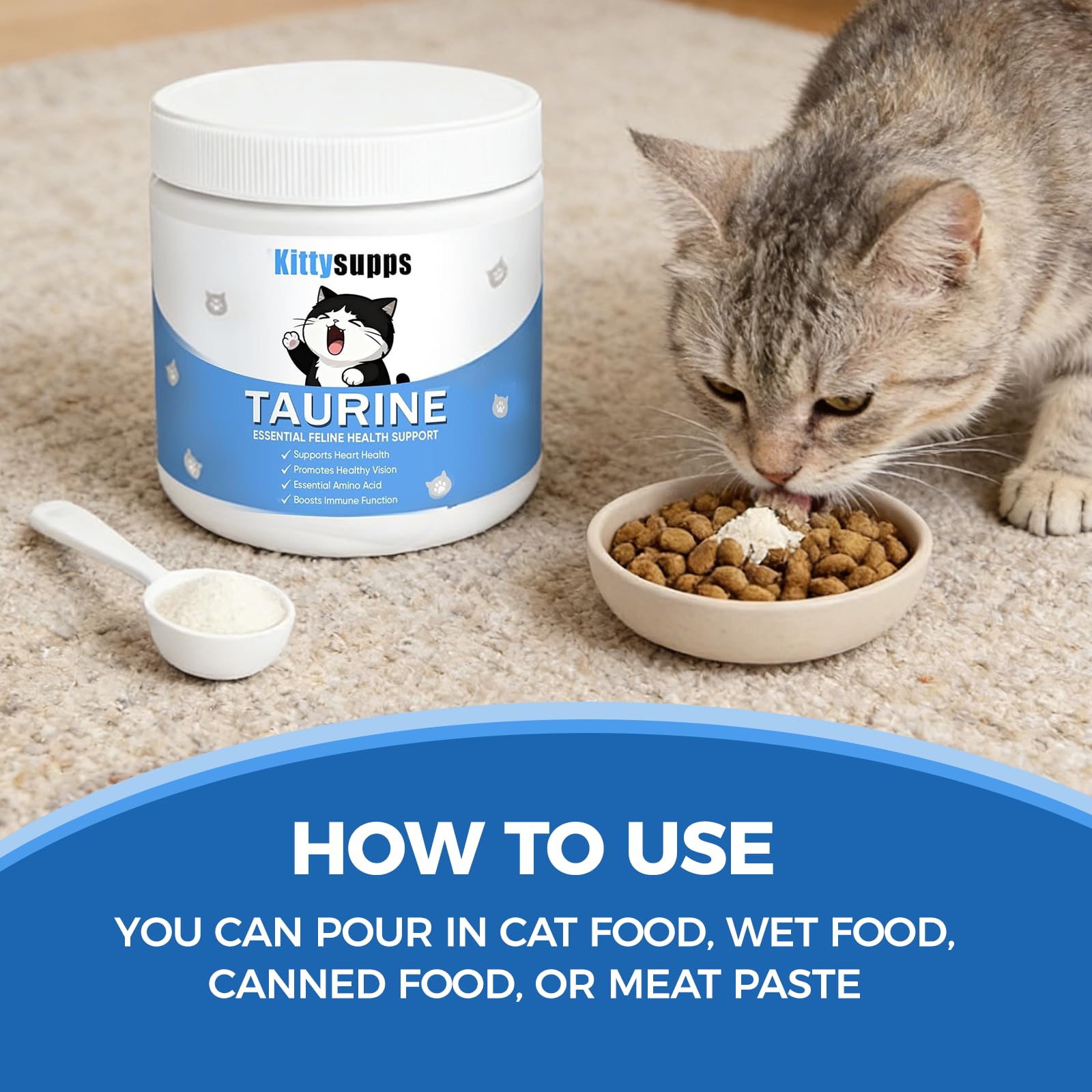 Kittysupps sprinkled on kibble showing convenient daily supplementation