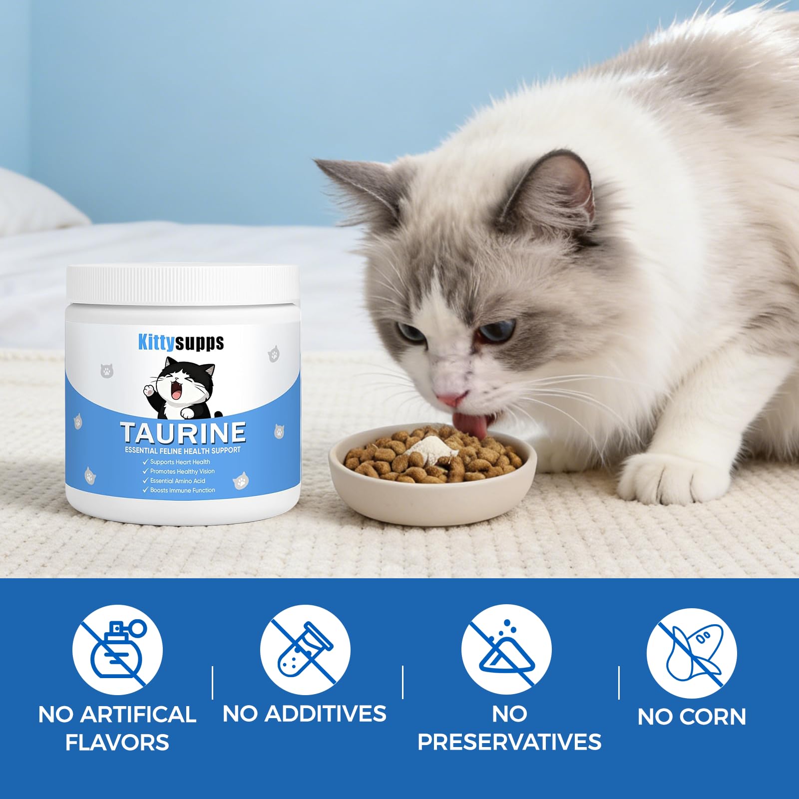 Cat eating a meal with Kittysupps supplement highlighting improved routine