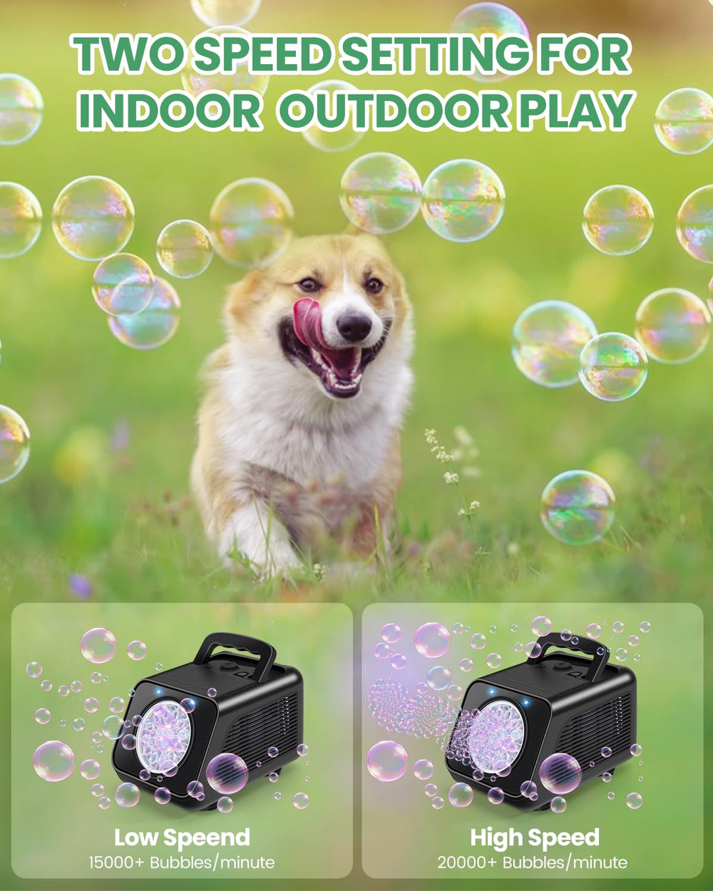 Kizmore creates colorful bubbles as a child chases them, boosting outdoor fun