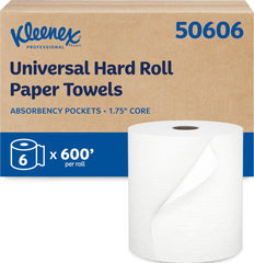 Kleenex front packaging showing six hard roll towels, saves refill time