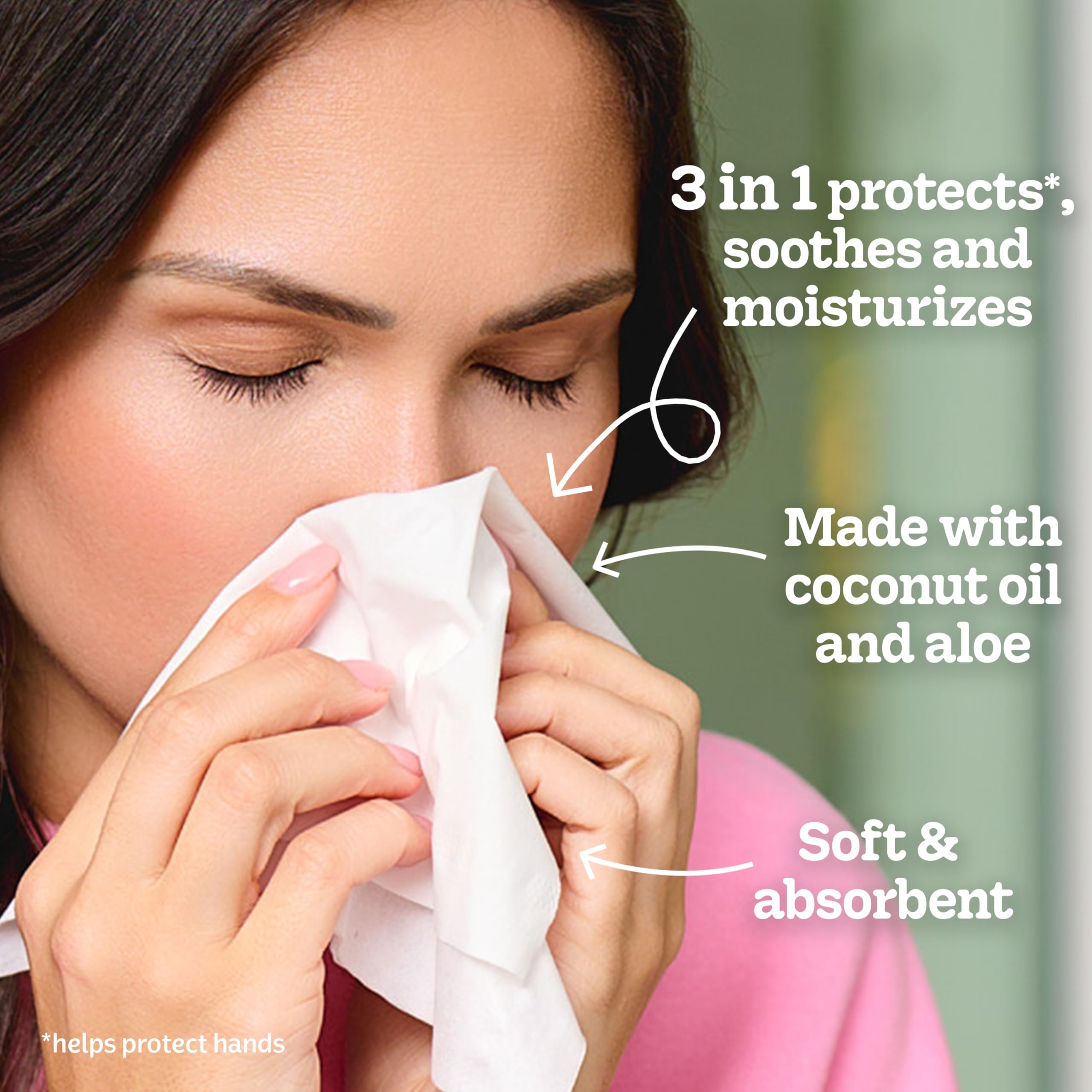 Hand pulling Kleenex lotion tissue demonstrating gentle use and relief