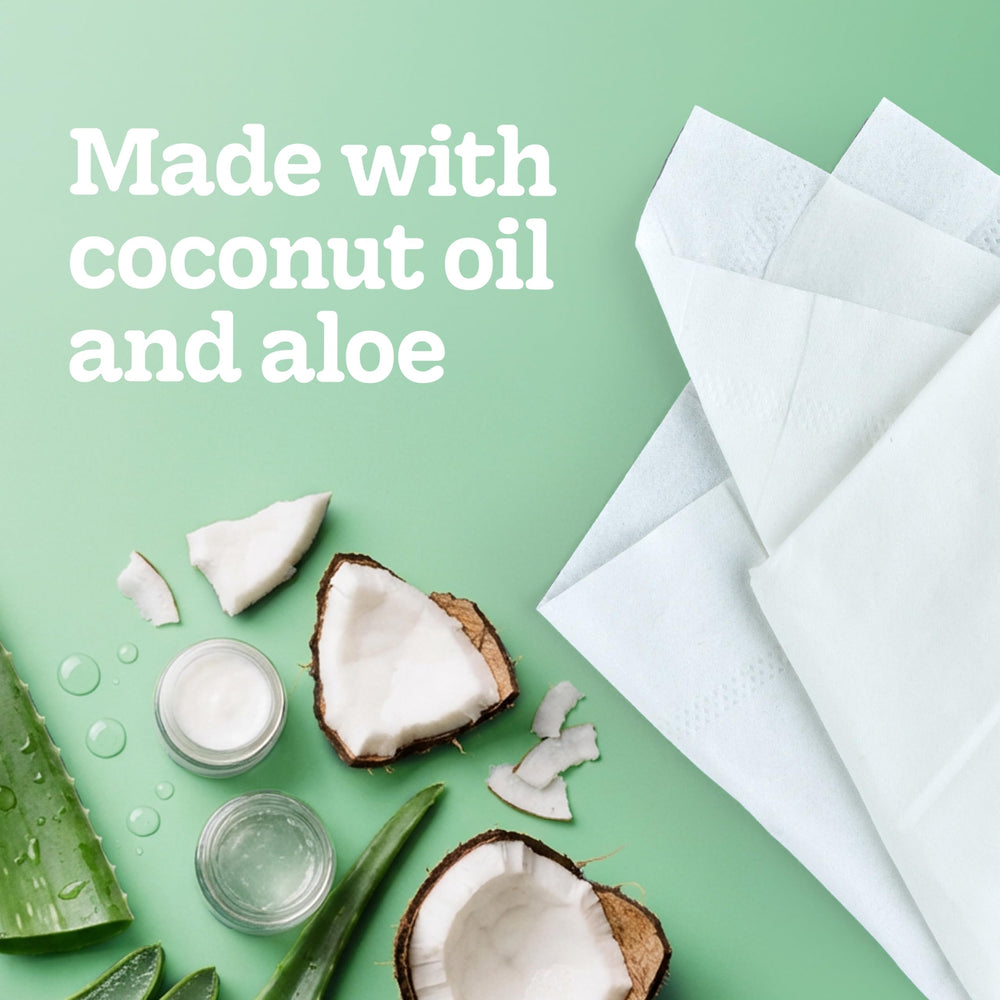 Kleenex lotion box label showing coconut oil and aloe ingredients