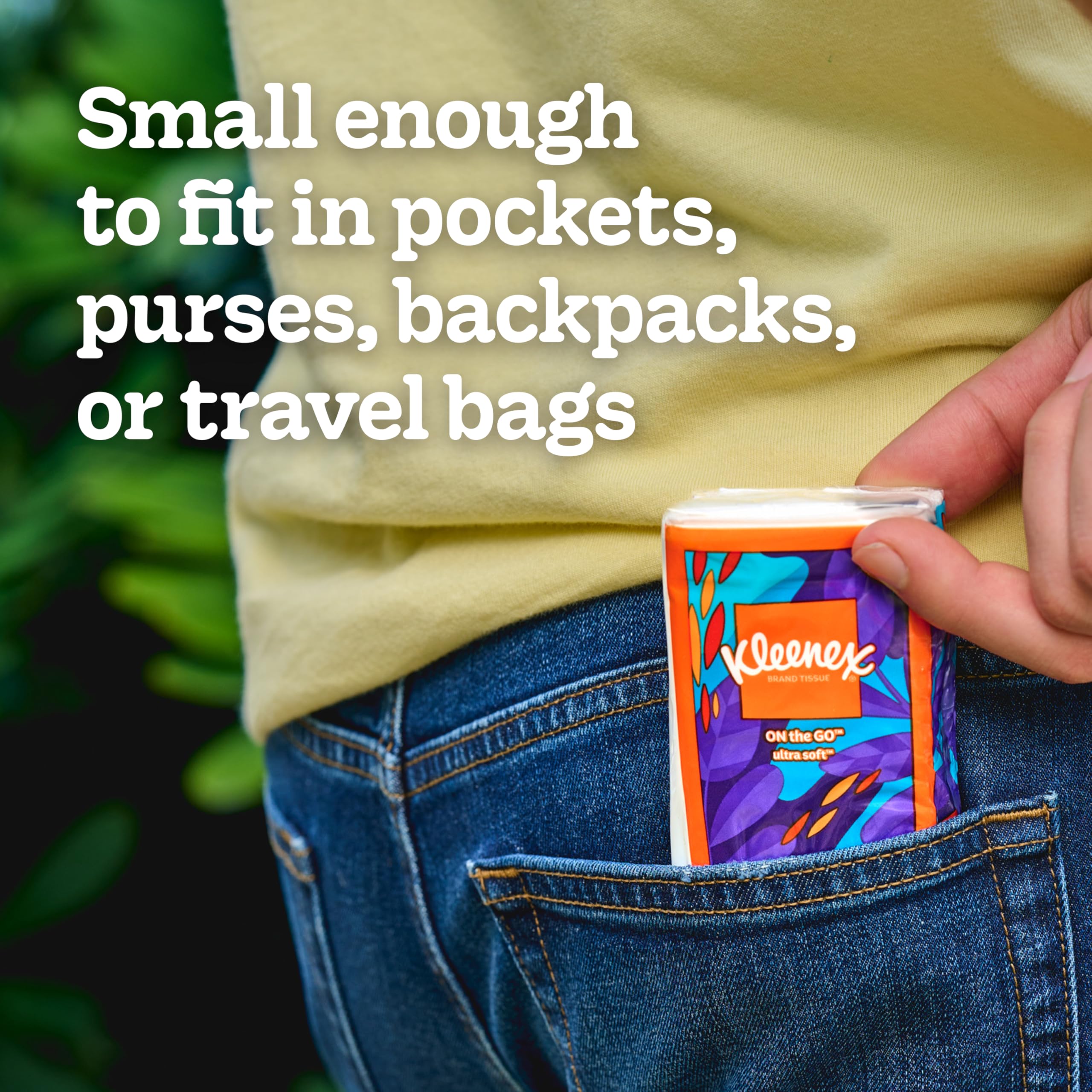Kleenex pack inside a purse emphasizing on-the-go convenience