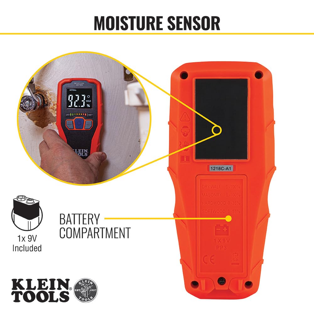 KLEIN TOOLS ET140 mode button closeup for selecting drywall, masonry, hardwood, or softwood