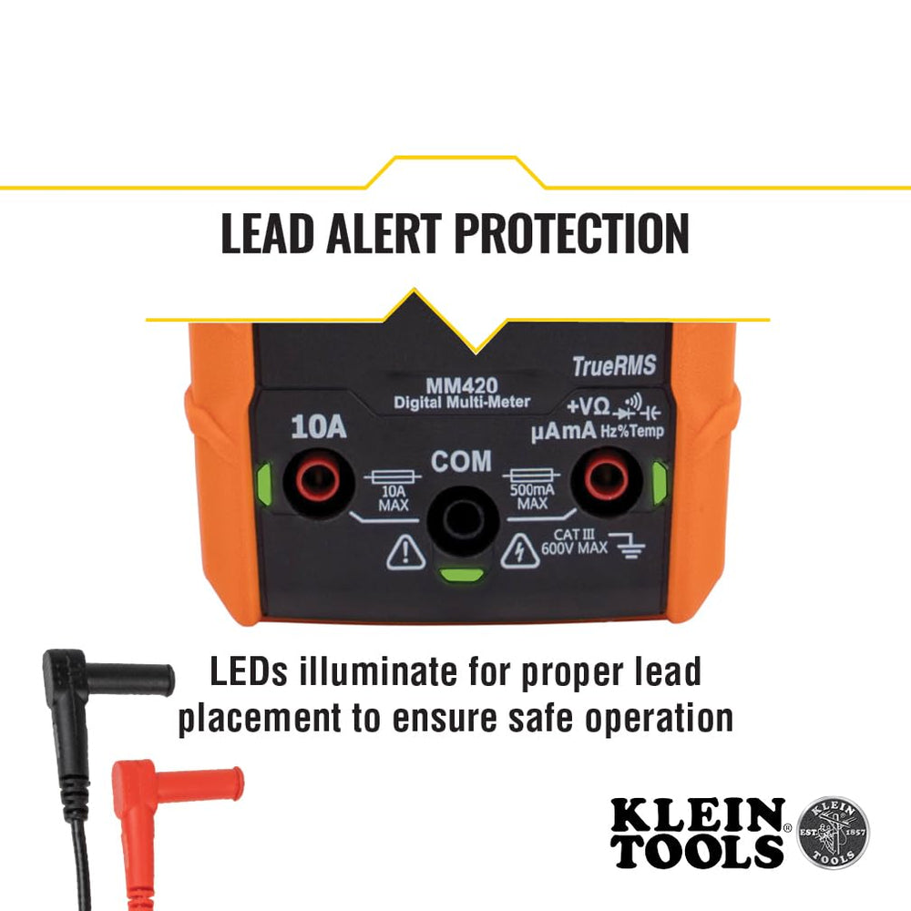 Klein Tools MM420 thermocouple probe included for temperature checks