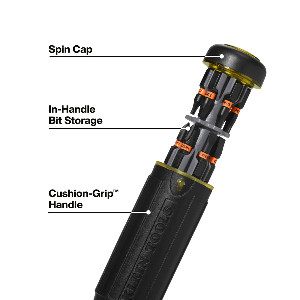Klein Tools driver held in hand to show compact scale and ergonomic control