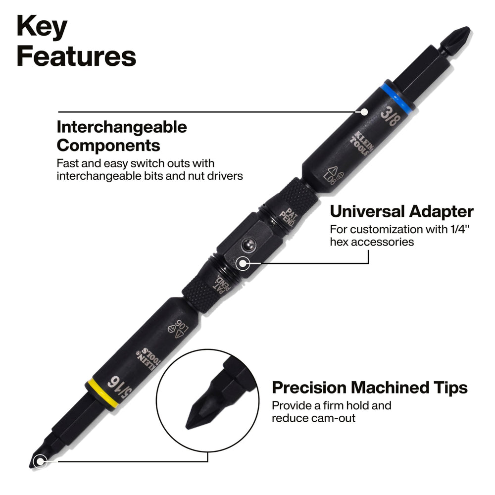 Klein Tools organized bit layout top-down view highlighting seven precision tips for versatility