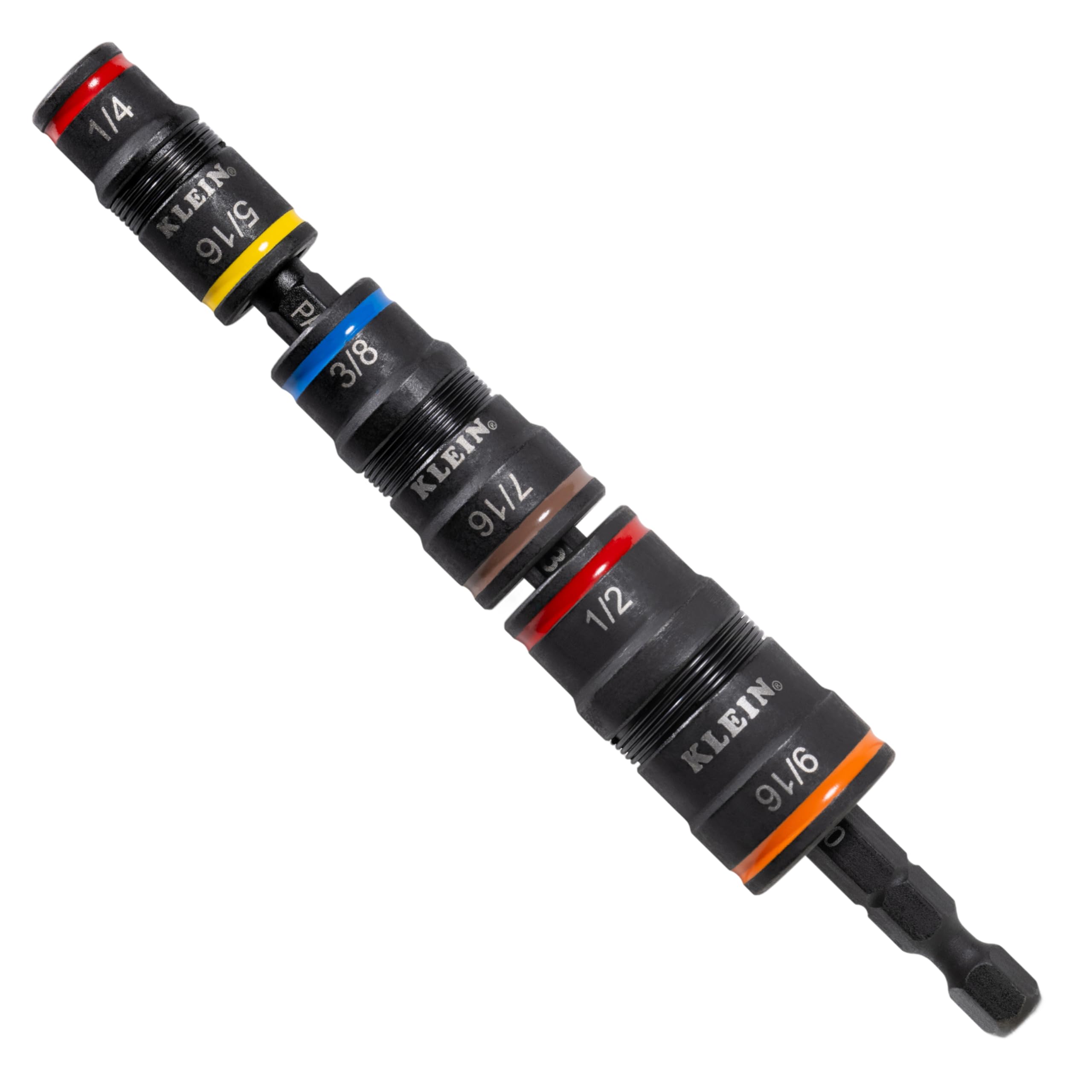 KLEIN TOOLS 32933 front profile showing shaft and three flip sockets, improves tool organization