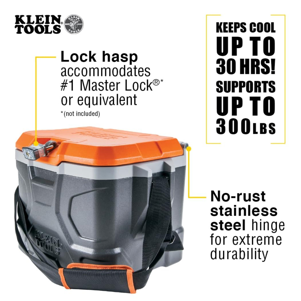 Klein Tools cooler open 180 degrees showing full access benefit: easy loading and unloading