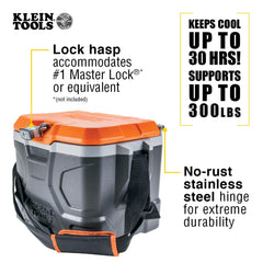 Klein Tools cooler open 180 degrees showing full access benefit: easy loading and unloading