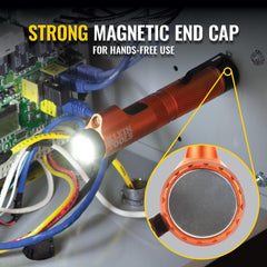 KLEIN TOOLS magnetic tailcap attached to metal surface for hands-free work
