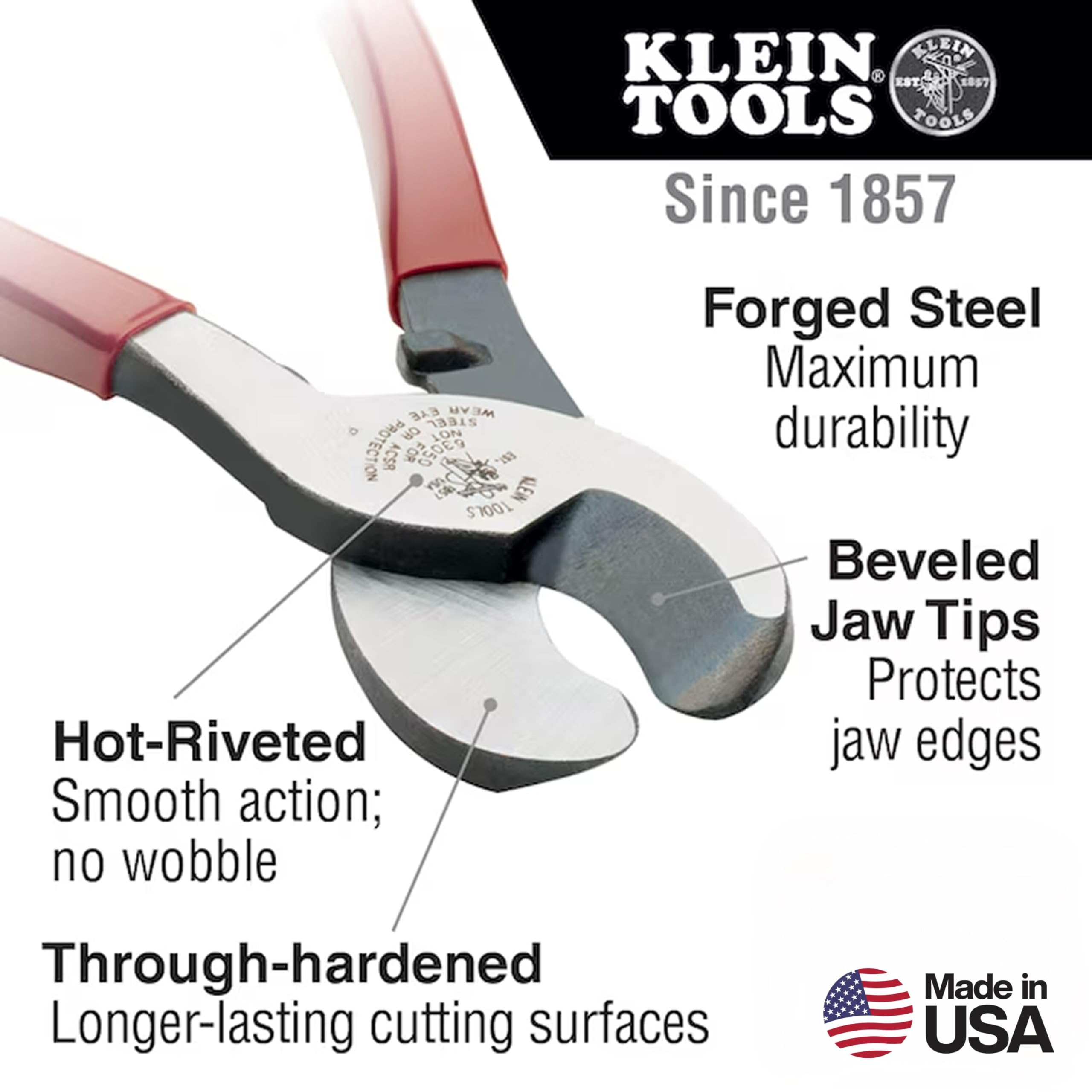 Klein Tools 63050 jaw close-up highlights beveled tips and shear-type grip