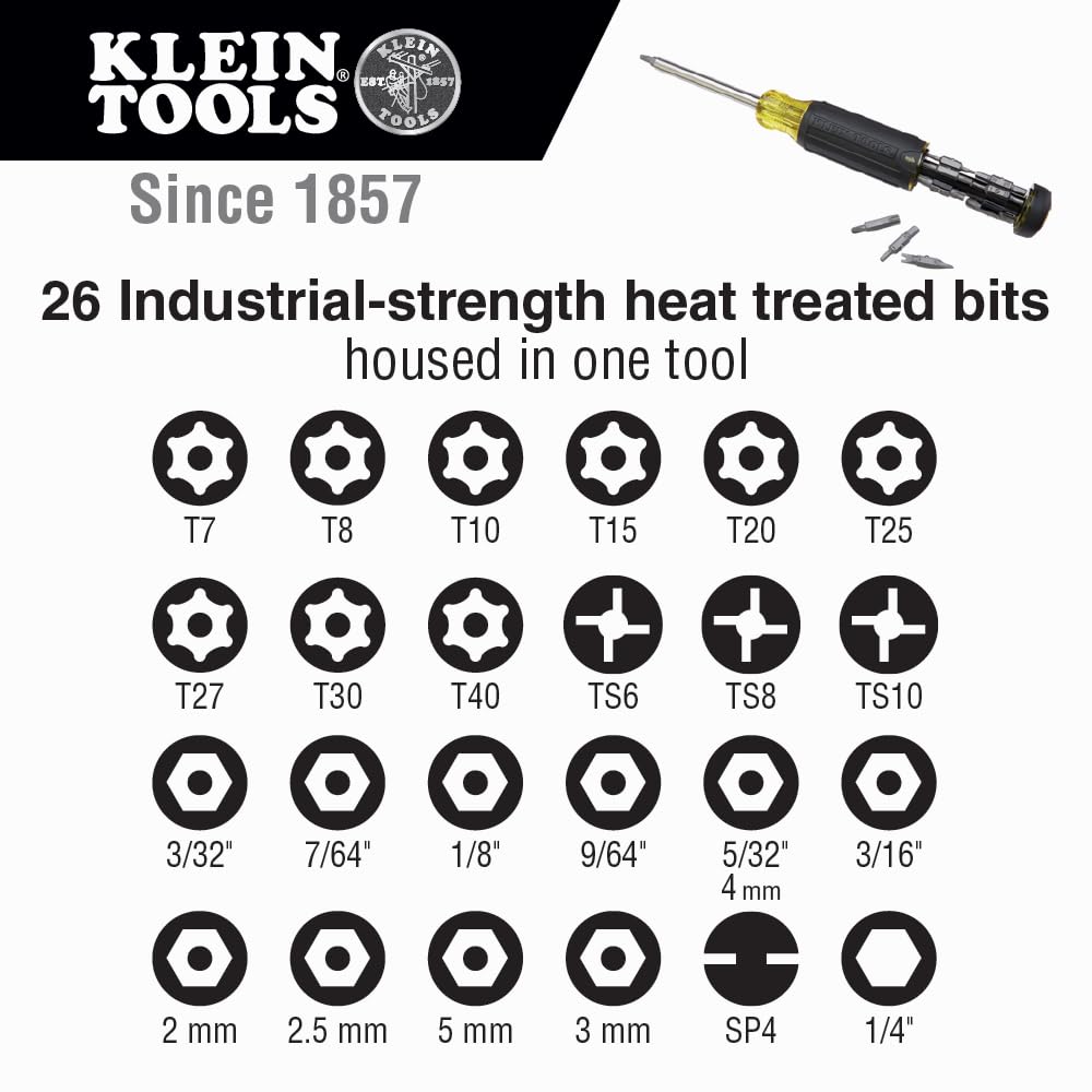 Klein Tools open handle revealing on-board storage of 26 tamperproof bits for organization