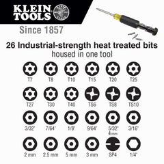 Klein Tools open handle revealing on-board storage of 26 tamperproof bits for organization