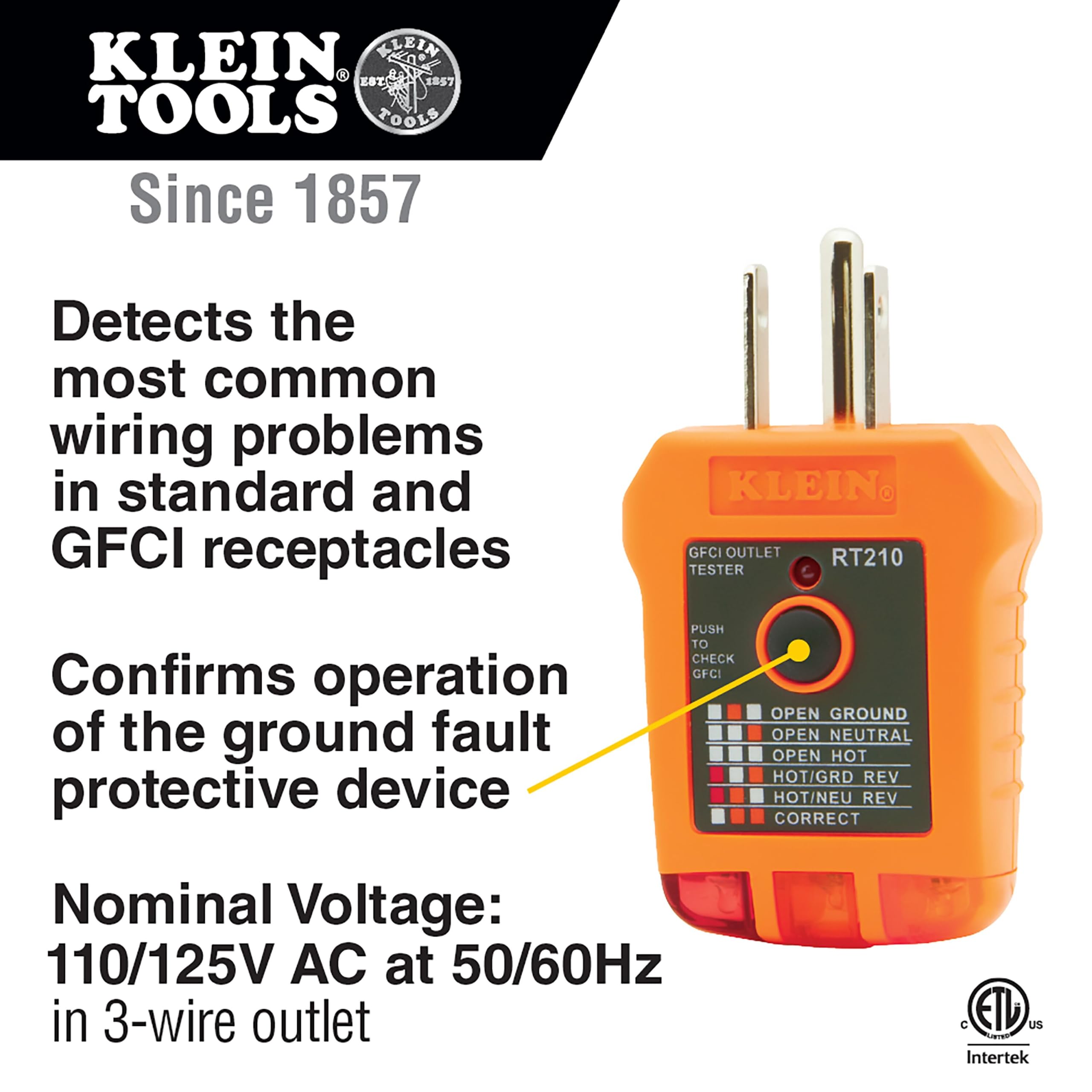 Klein Tools ET45 voltage tester back showing built-in lead holder for correct spacing