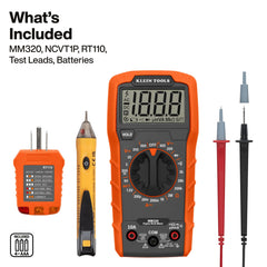Klein Tools MM320 digital multimeter close-up displaying clear readings for accuracy