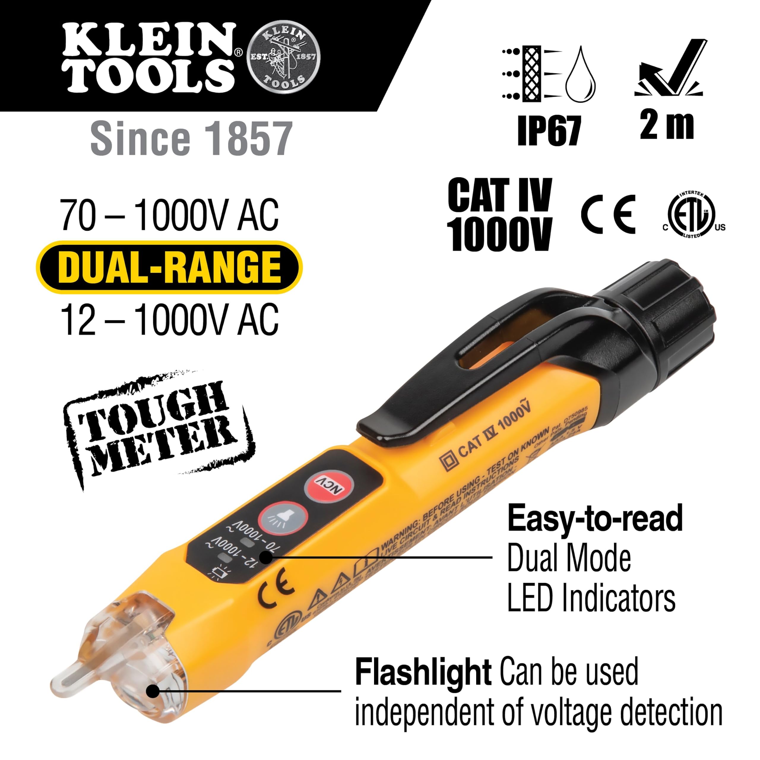 Klein Tools NCVT-3P non-contact tester with flashlight detecting live voltage safely