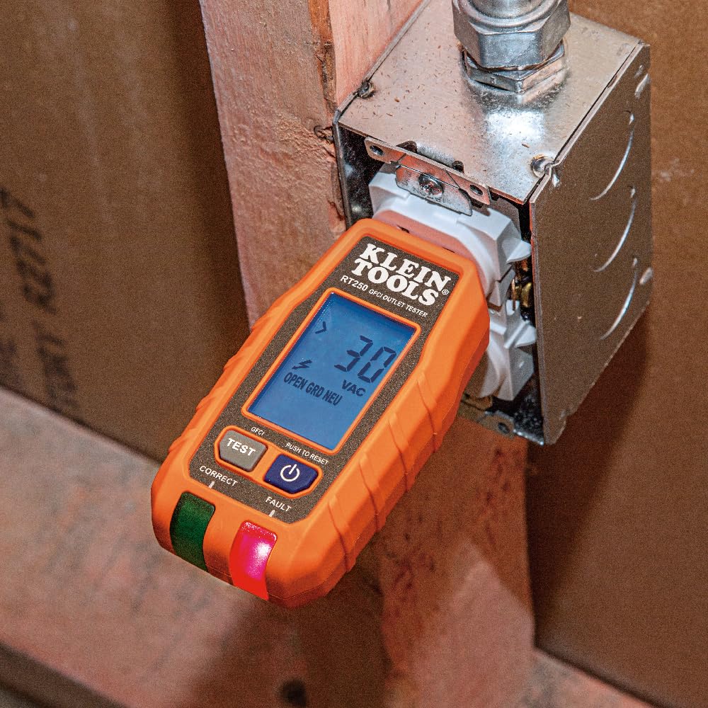 Klein Tools RT250 display showing Auto-Hold captured reading for inaccessible outlets